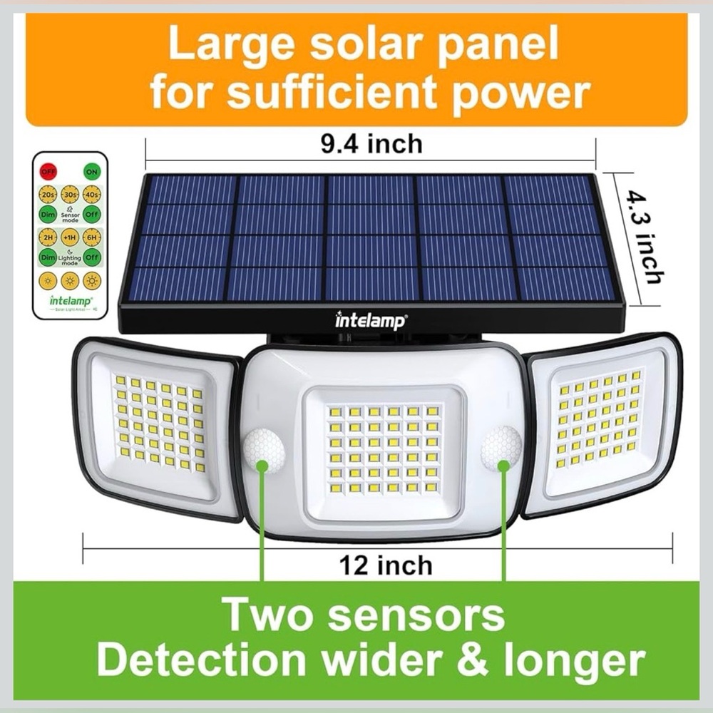 Solar Motion Sensor 3-Head Security Light - Black - Picture 6 of 8